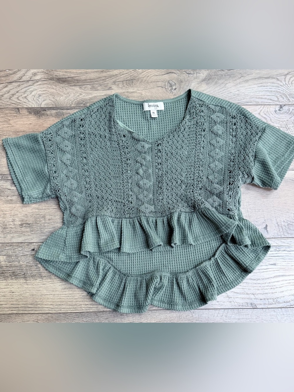 Speechless Sage Crochet & Waffle-Knit Ruffle Tunic